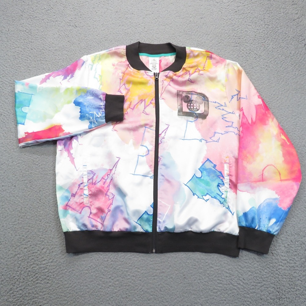 Disney Womens 1X Satin Bomber Jacket Cinderellas Castle Watercolor Print WDW